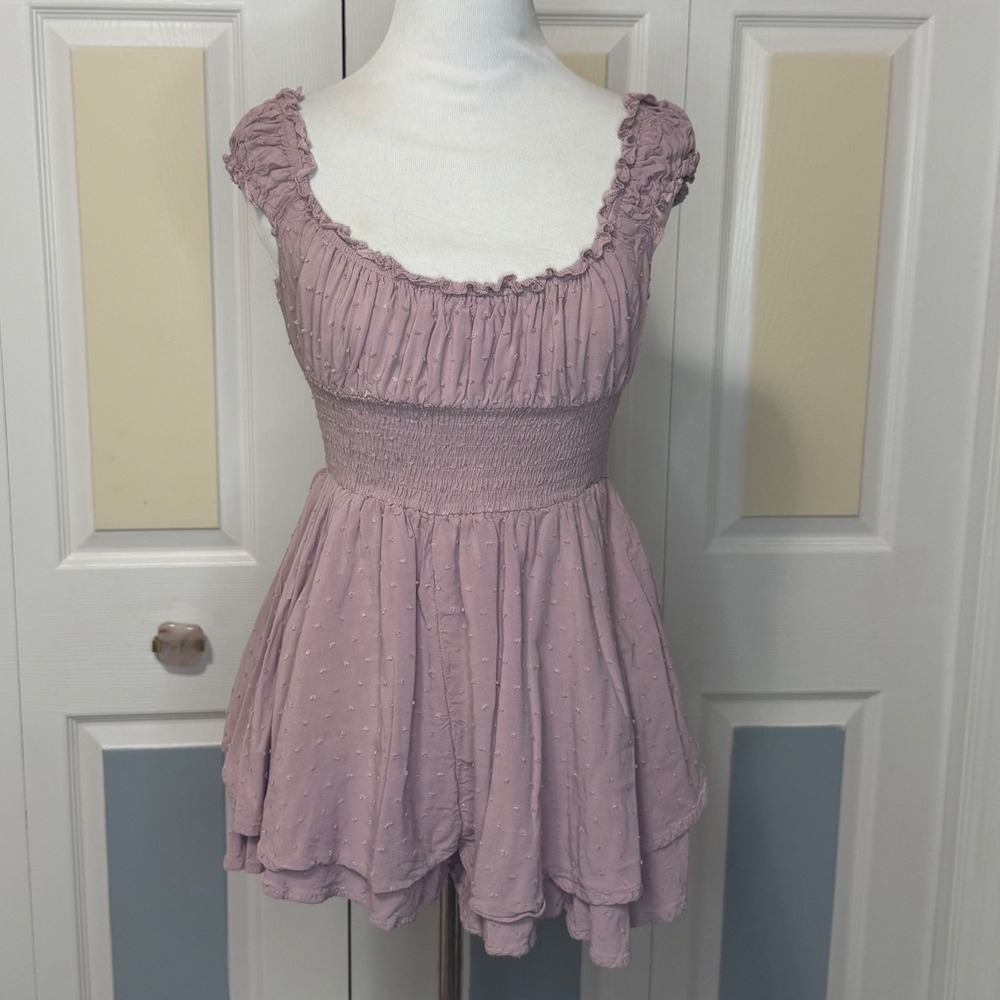 Urban Outfitters Smocked Ruffle Off Shoulder Romper Mauve Size S